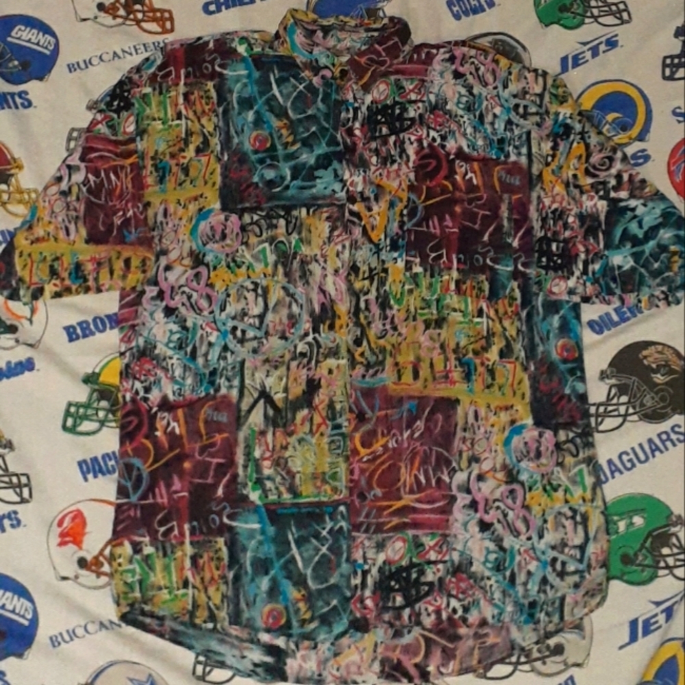 80s Graffiti Rayon Enrico Bossini Vintage Button Up Hawaiian Style Shirt Hip Hop